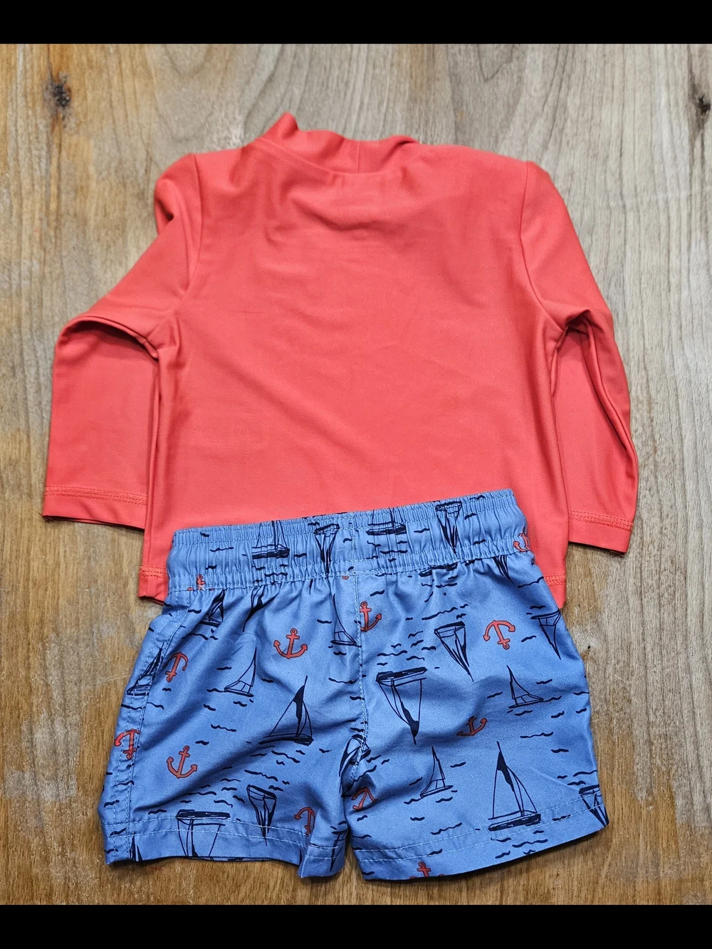 Carter's Coral Long-Sleeve Rashguard with Blue Sailboat Swim Shorts